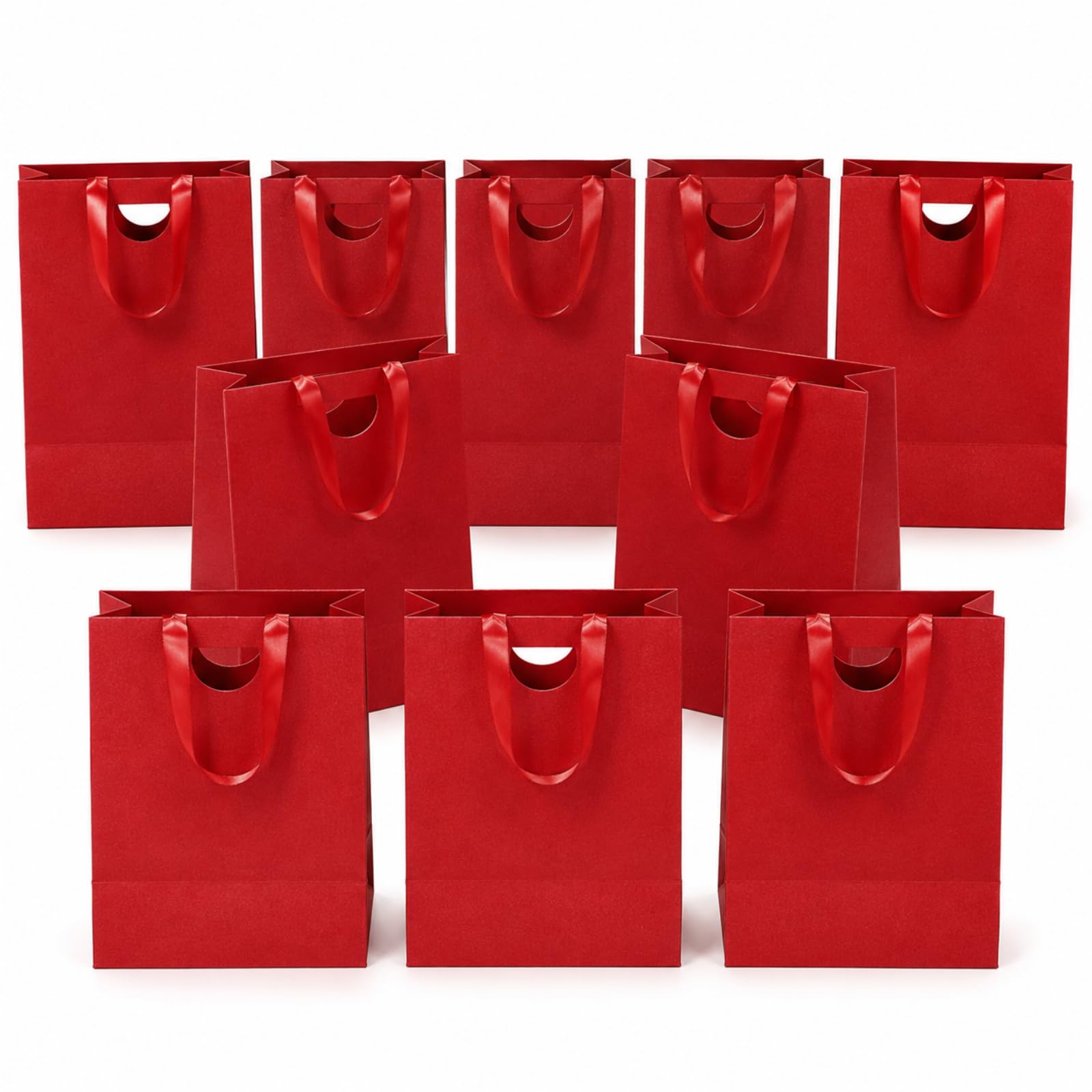 10 Pack Small Red Paper Gift Bags with Ribbon Handles for Presents — image 1