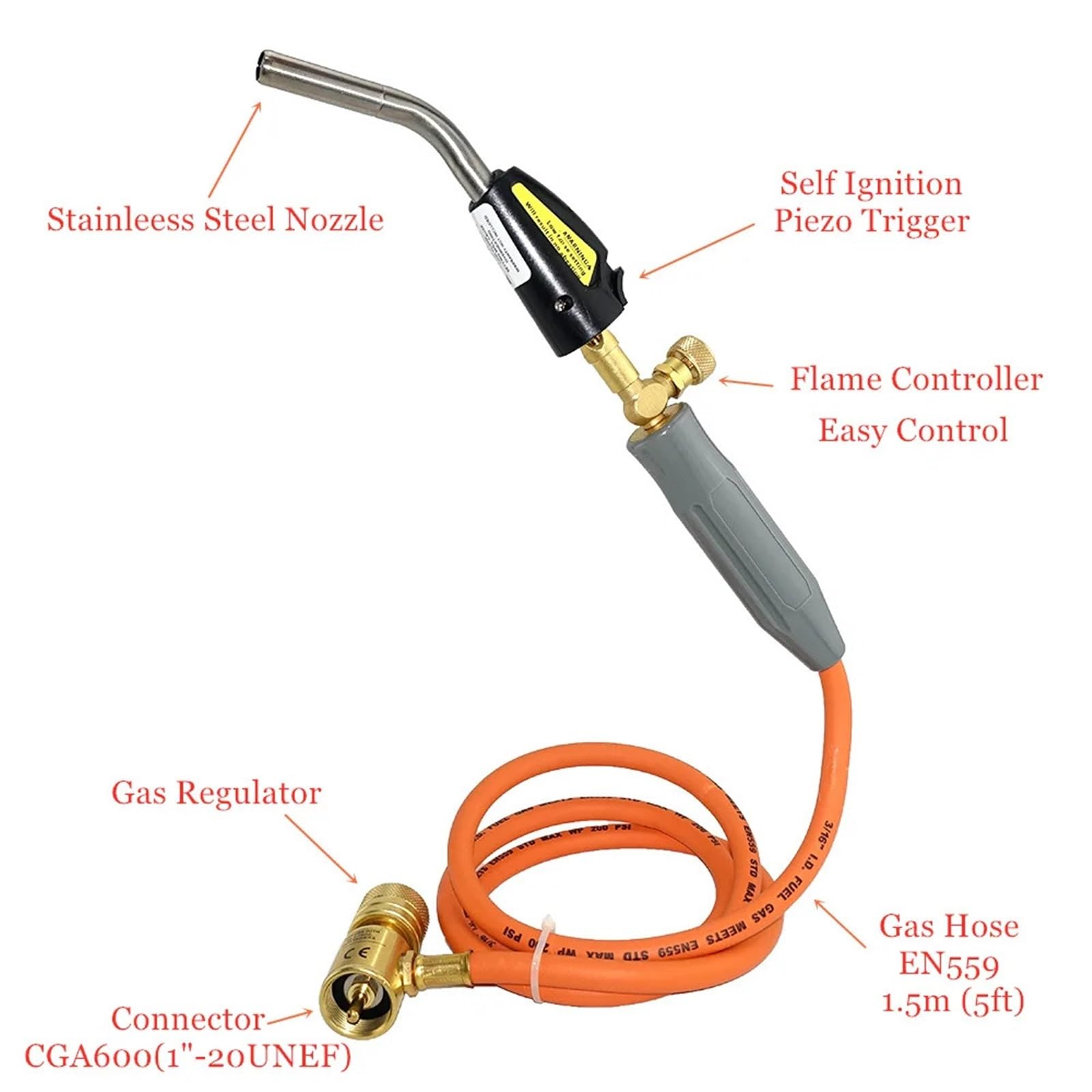 Torcia for saldatura a gas Accensione piezoelettrica Strumento for brasatura a fiamma Tubo da 1,5 m CGA600 BBQ Riscaldamento Tempra HVAC Idraulico Torcia for saldatura (Size : Style D)