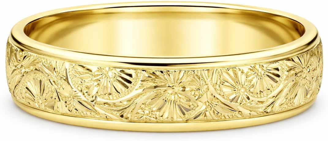 18K Yellow Gold 6mm Engraved Band Ring for Men & Women | Hand-Carved Floral Pattern Wedding Ring | Comfort Fit Anniversary Promise Jewelry