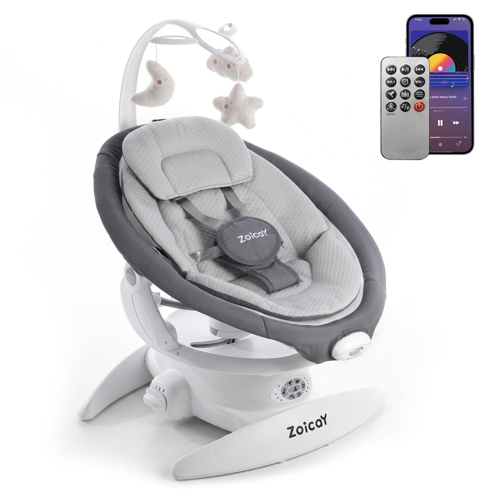 Sdraiette e dondolini con rilevamento del movimento Zoicay 3-in-1 sdraietta neonati regolabile a 360° e bluetooth e telecomando funzione di timer e musica integrata per uso indoor&outdoor (Grigio)