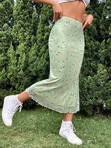 Image of GORGLITTER Women's Floral Mesh Lettuce Trim High Waist Boho Mermaid Midi Skirt