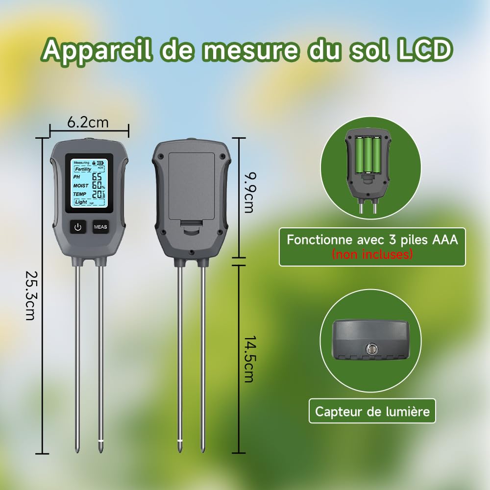 Uzoli SGS13 Testeur d'humidité du Sol Plantes, 5 en 1 Appareil de Mesure du Sol pour fertilité, Valeur ph, Intensité Lumineuse, Température, Humidité du Sol, Hygromètre pour Jardin et pelouse
