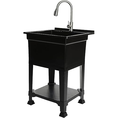 Freestanding Utility Tub Sink with Quick Connect Drain, 24 x 24", Black - Portable and Compact Sink with Faucet for Outdoor Kitchen, Laundry Room, Garage, and Basement