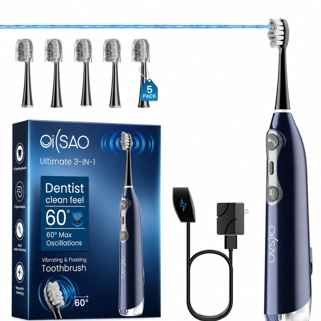 Pro - Cepillo de dientes eléctrico sónico todo en uno con hilo dental de agua, vibración de 60°, 5 cabezales de cepillo, 3 modos, batería de 30 días, para cuidado sensible de dientes y aparatos