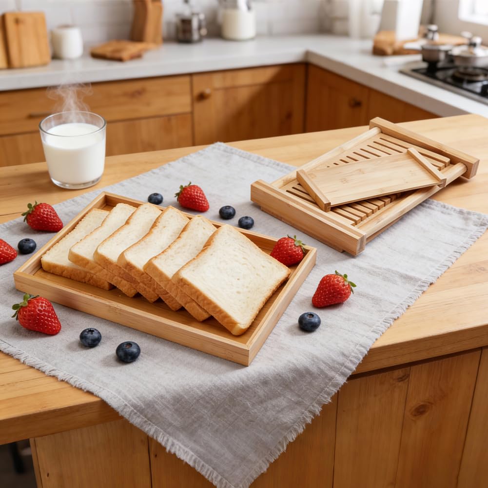 UNICRAFTALE Trancheuse à Pain Réglable en Bambou avec Bac à Miettes Coupe Pain Guide de Découpe pour Maison pour Bagels Cakes Pains au Levain Gadgets de Cuisine Ensemble Cadeau 32.2x21.6x17cm