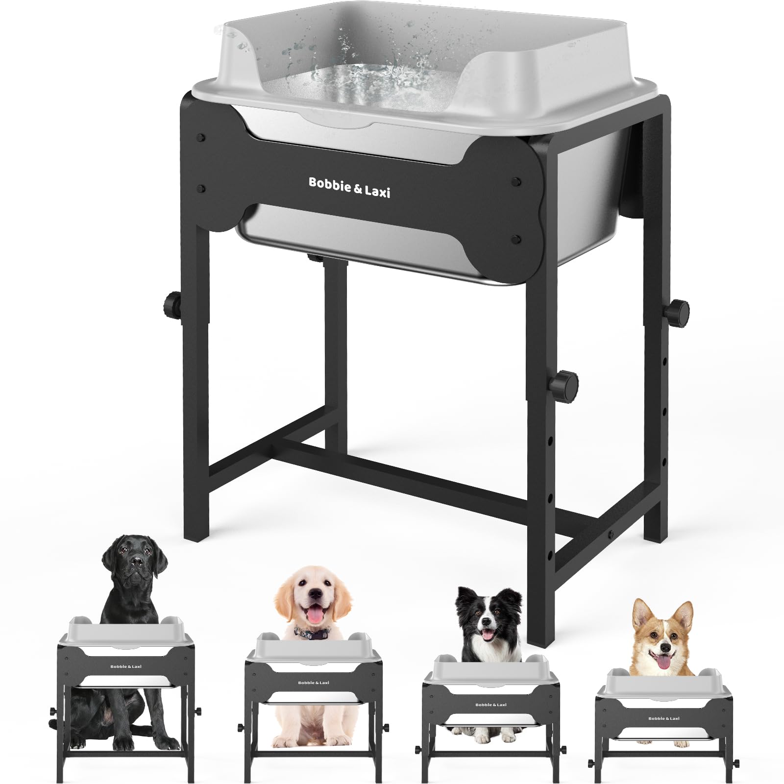4-Height Adjustable Elevated Dog Water Bowl with Splash Guard, 2.5 Gallon No-Spill Large Capacity Raised Dog Water Bowl for Large & Medium Dogs, Non-Slip Stainless Steel Stand & Easy to Clean