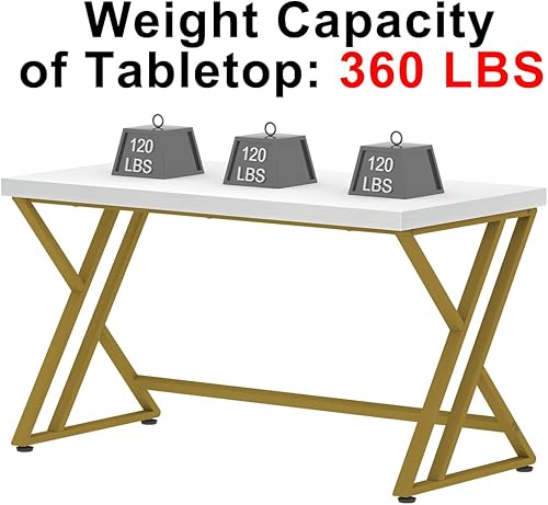 Miniatura 7 de LVB Escritorio blanco y dorado, moderno escritorio de madera para computadora de oficina en casa, mesa de estudio de metal para trabajo de escritura