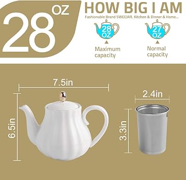 Sweejar Home Porcelain Tea Pot with Infuser and Lid,Teaware with Filter 890 ml for Tea/Coffee/Milk/Women/Office/Home/Gift (Pumpkin Shape, White1)