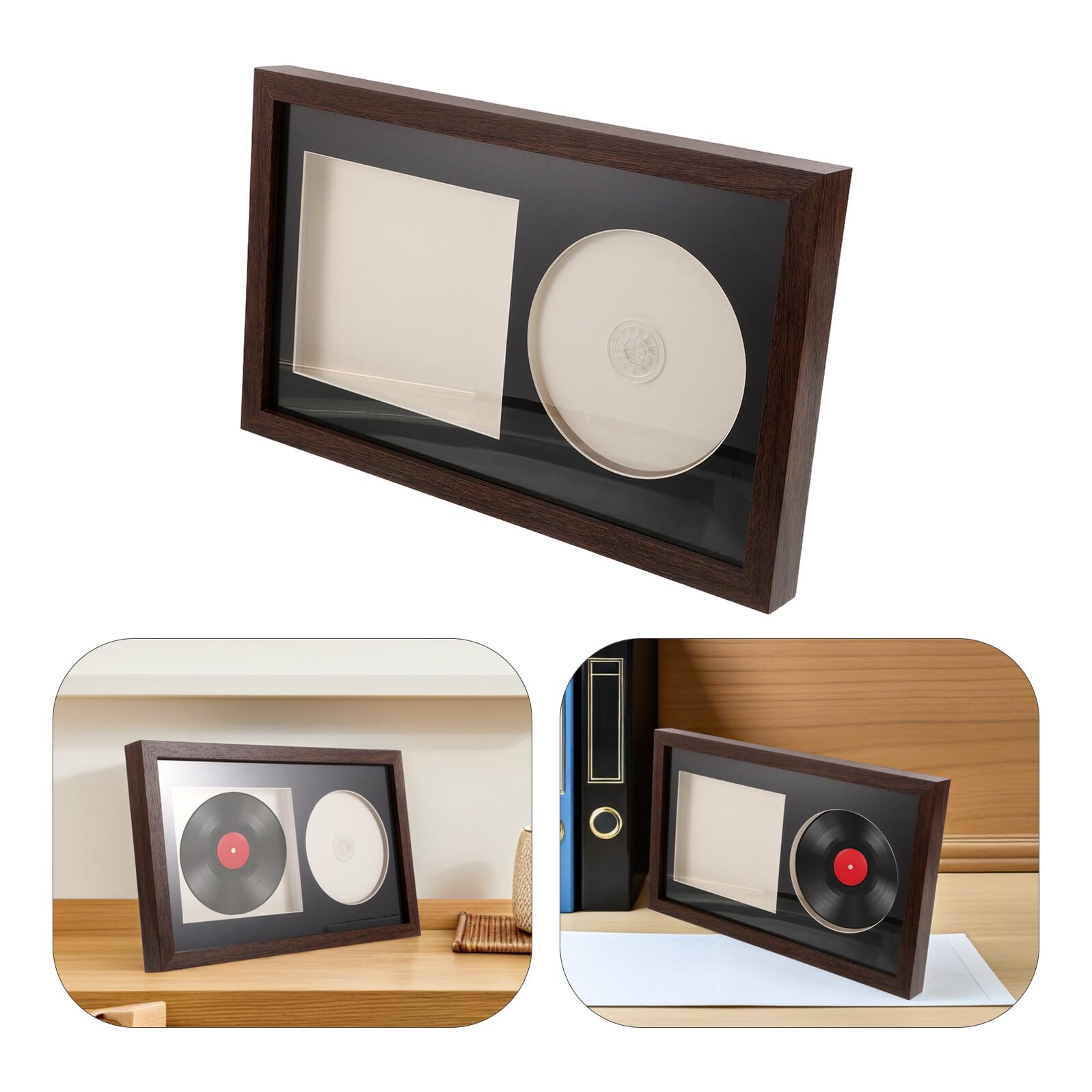 Cornice Espositore Per Album Musicali in Legno Marrone Scuro Supporto Porta Dischi E Cd Da Parete E Scrivania 3D Organizer Per Collezione Vinili