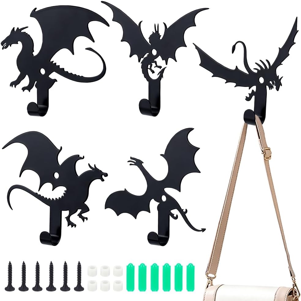UNICRAFTALE 5Pcs 5 Styles Dragon Decorative Wall Hooks Black Fantasy Wall Hook Unique Dragon Themed Walls Art Man Cave Wing Decorative Hooks for Living Room Home Bedroom Office Gift 8-10.2cm