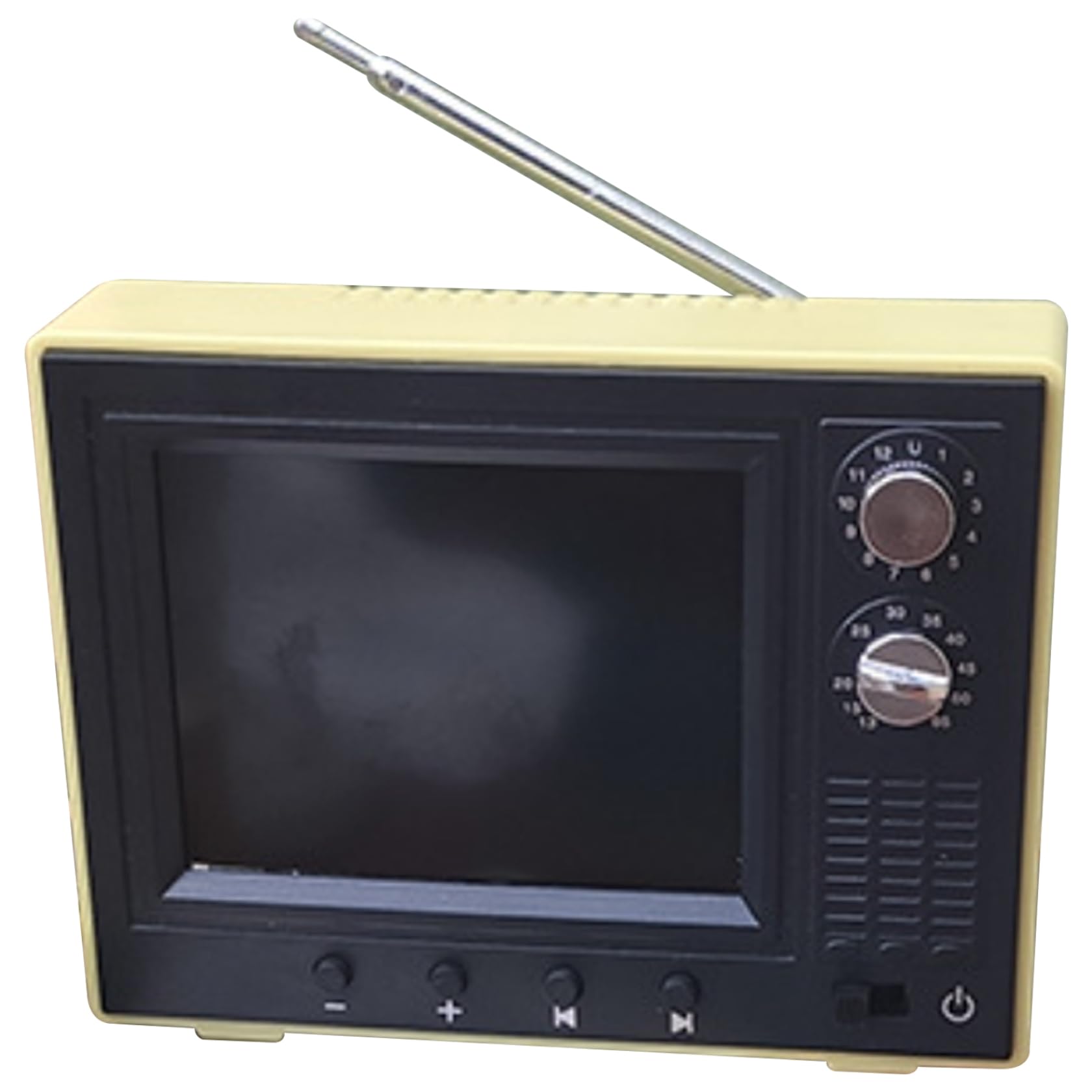 Mini Juguete de TV Vintage Recargable por USB, Escala 1:12 con Pantalla LCD, Antena giratoria de 180°, Reproduce vídeo, Muebles de casa de muñecas, Accesorios de Bricolaje, TV Retro amarill