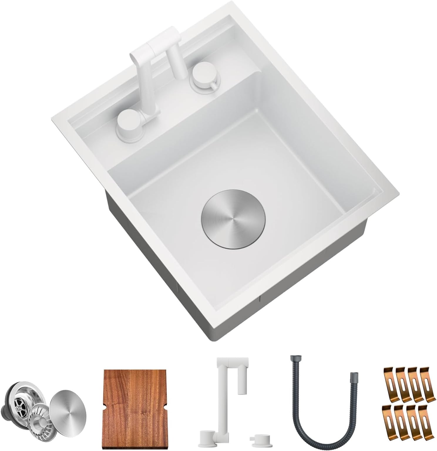 TORVA RV Kitchen Sink, 15 x 18 x 9 Inch Undermount Bar Sink 16 Gauge Stainless Steel Single Bowl Sink with Foldable Faucet Cutting Board, White