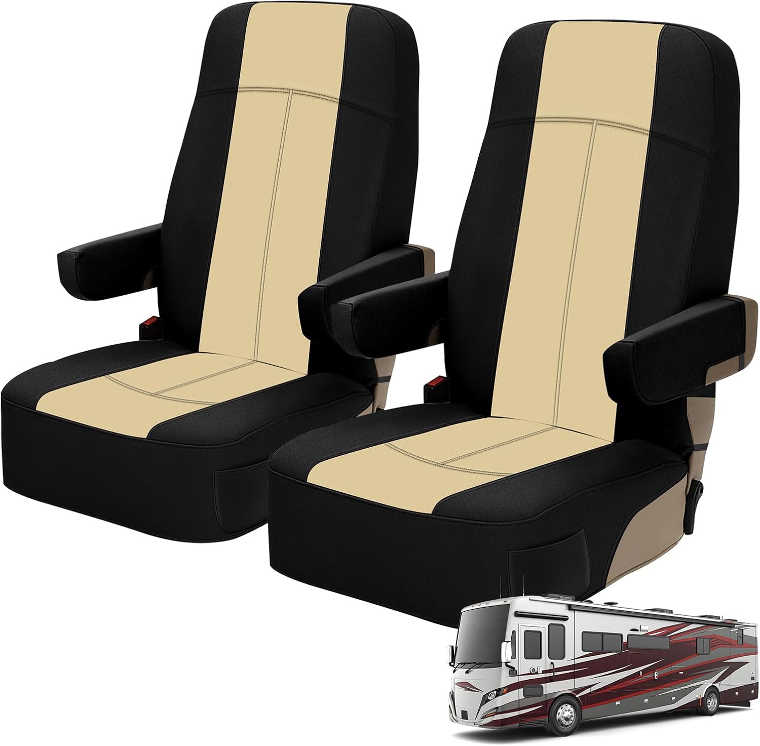 RV Seat Covers Compatible with Motorhome Captain Chairs, Driver & Passenger Leather and Neoprene Fabric Seat Covers,Black and Tan