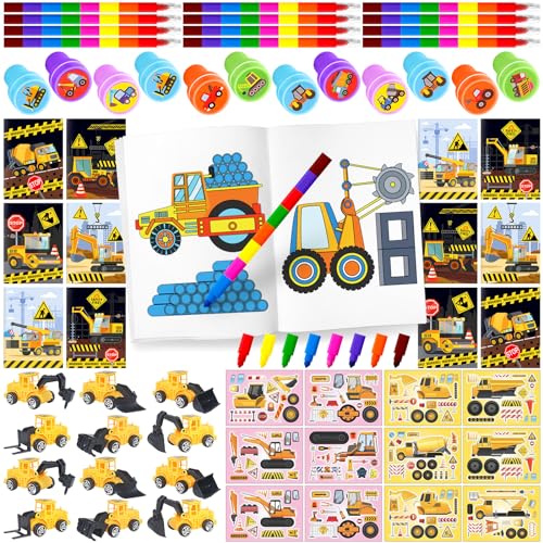 Sytuhete Construction Party Favors,Construction Coloring Books And Eight Color Crayons,Mini Construction Vehicles Stamps Diy Stickers For Kids cover