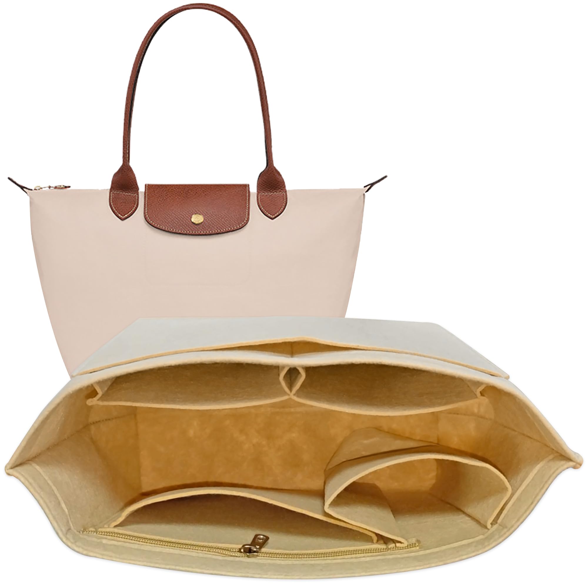 TUKYWAN Purse Organizer Insert for le pliage Tote,Handbags Insert Organizer for Longchamp Bag with Divider Pocket and Zipper Inner Bag Liner (Beige, Medium)