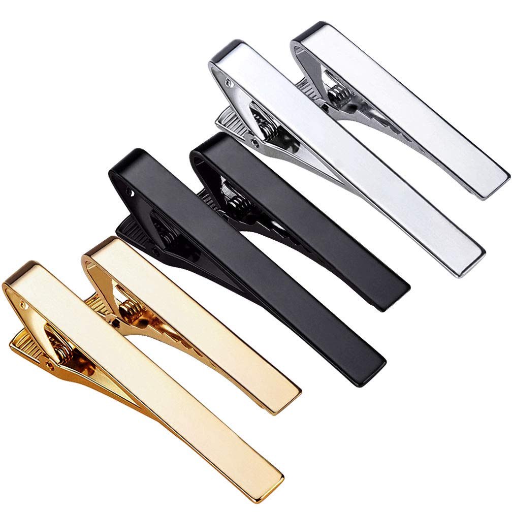 6 | 8 Pack Men’s Tie Clips Set, Metal Skinny Tie Bars with Square Edges, Classic Tie Tack Necktie Clips for Business, Wedding & Formal Wear(Silver, Gold, Black)