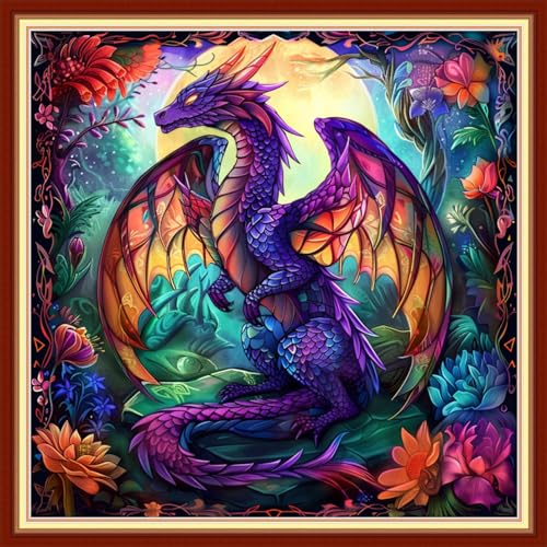Image of Findvoor Stamped Cross Stitch Kits for Beginners Full Range of Cross Stitching Embroidery Pattern for Adults, 11CT DIY Needlepoint Embroidery Starter Kits-Colored Dragon Flower 18x18 inch