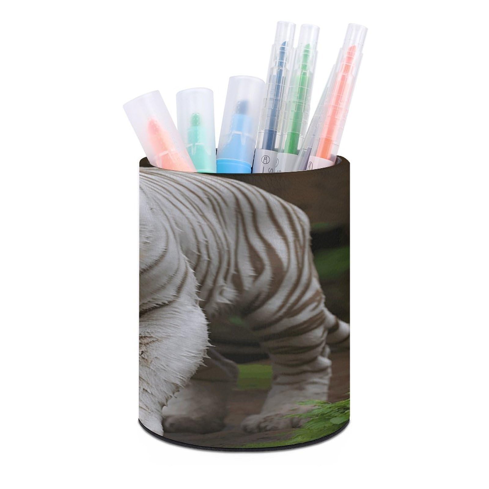 VstaDank Majestic White Bengal Tiger Pen Holder Leather Pencil Cup Round Pencil Holder for Desk Organizer Personalized Pen Cup Fashion Pen Organizer Makeup Brush Holders for Office Home&Gift