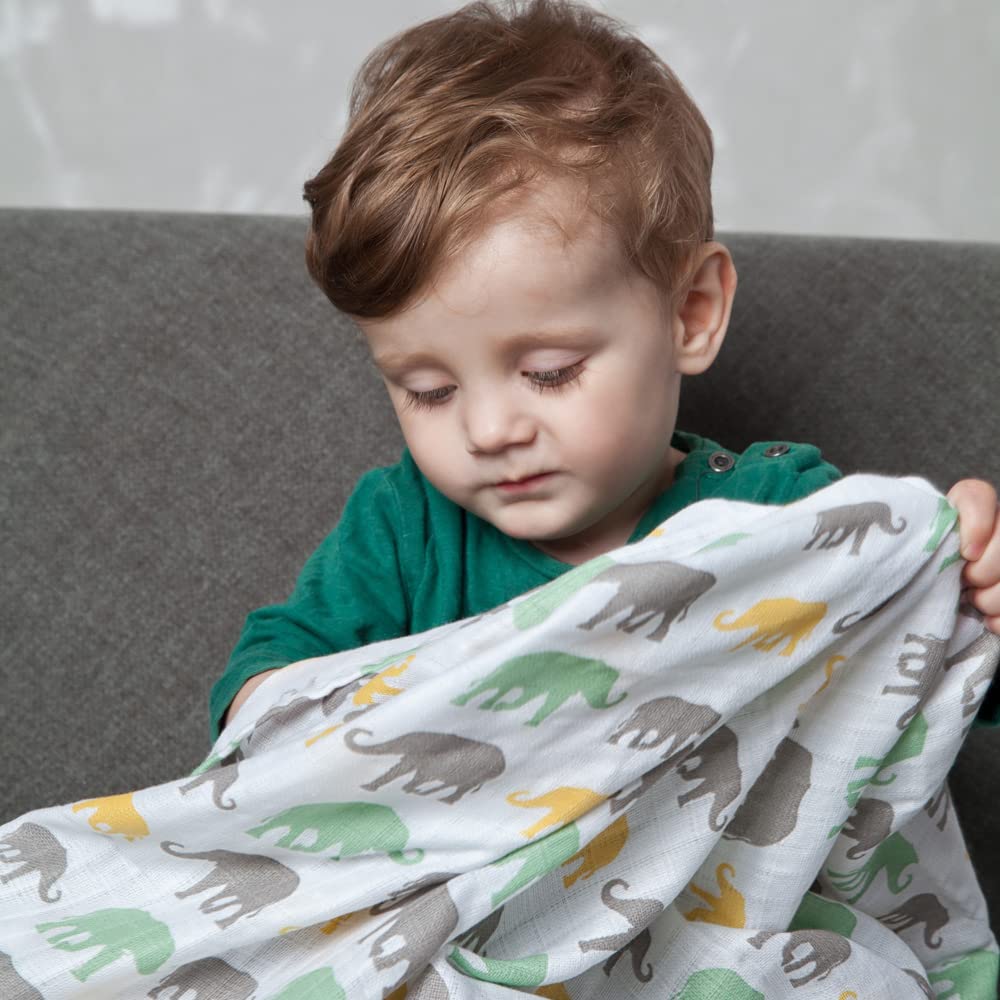 GRÜNSPECHT Pannolini di garza 70 x 70 cm in 100% cotone, senza sbiancanti ottici, delicati sulla pelle e assorbenti, 3 pezzi, verde, stelle, elefanti (1500-V4)