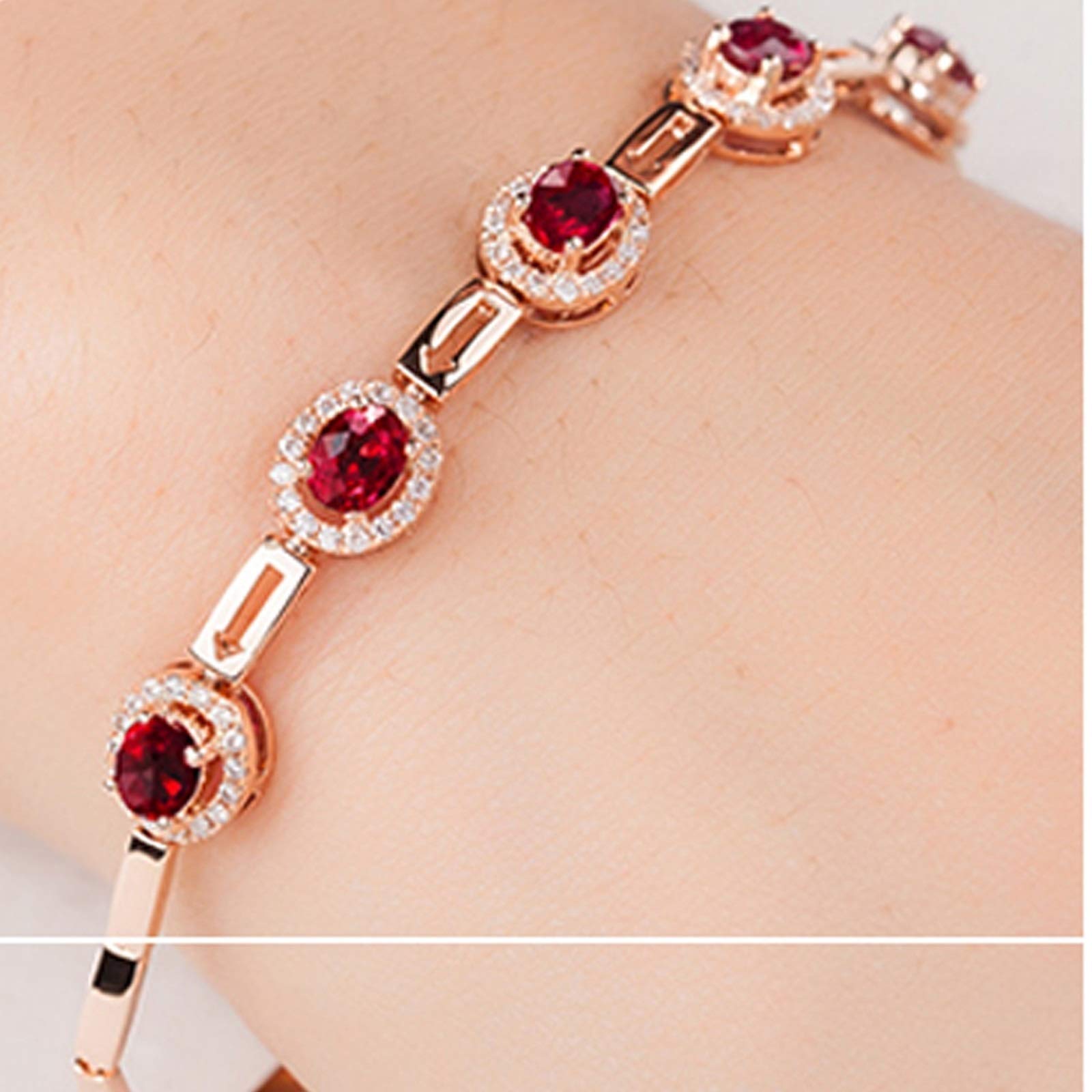 ZH1YFD Pulsera de Cadena de Oro Rosa de rubí, eslabón de Barra y halo con Cadena de Pulsera de rubí y Zafiro de 1,35 Quilates para Mujer 16,5 + 2,5 CM