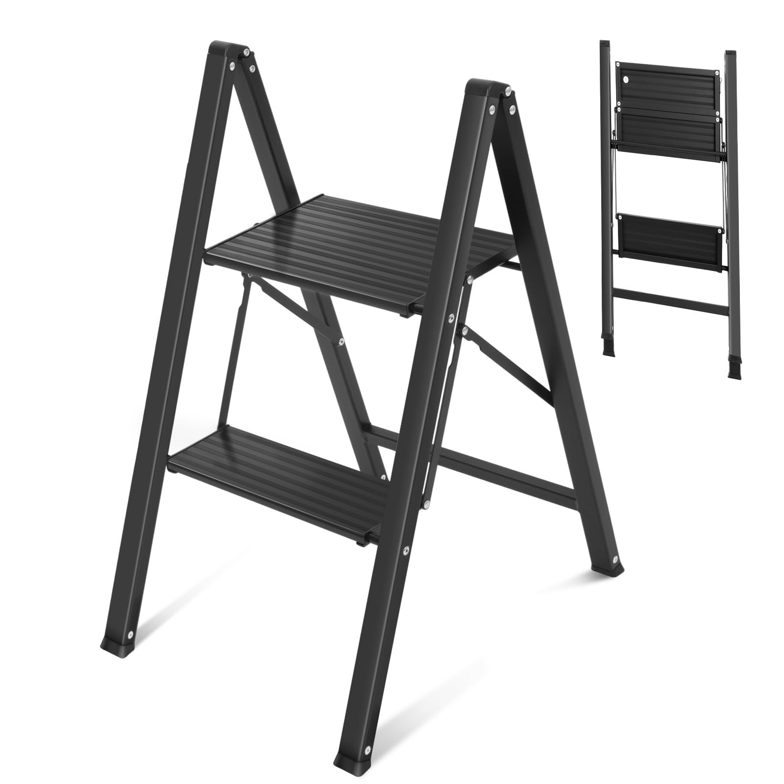 Sekey Escalera Plegable 2 Peldaños, Estructura de Acero y Peldaños de Aluminio, Antideslizante y Ligera, Ideal para Cocina y Hogar, Certificada TÜV y SGS EN131 EN14183, Soporta hasta 150 kg, Negro