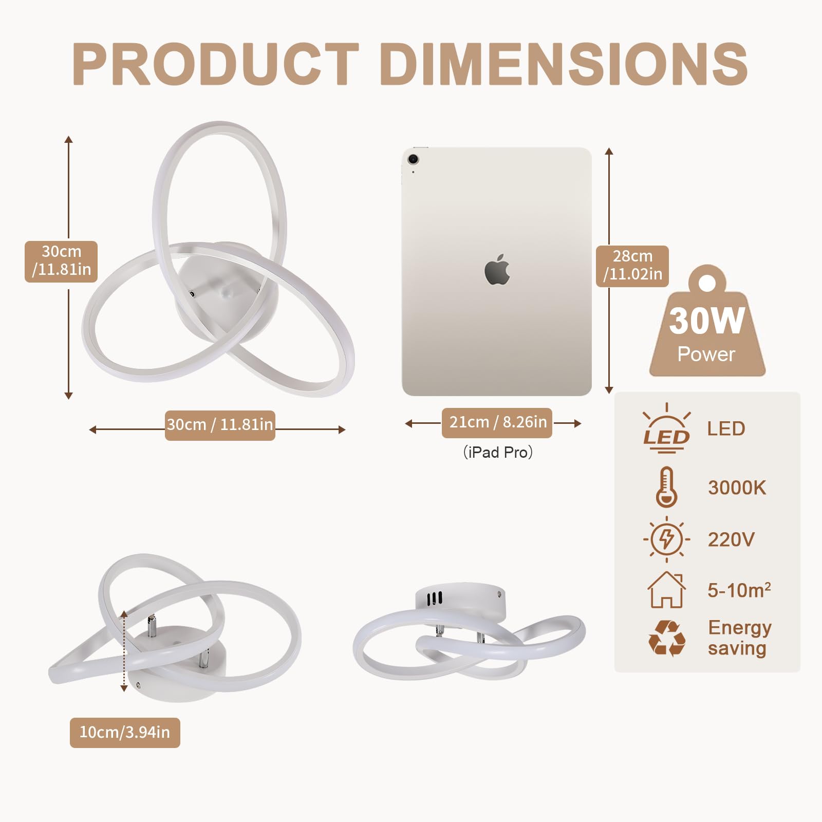 Comely Plafonnier LED Moderne, Lampe de Plafond 30W 3375LM en Forme de Fleur Créative, Plafonnier Luminaire pour Chambre à Coucher, Couloir, Cuisine, Salle de Bain, Blanc Chaud 3000K, Blanc