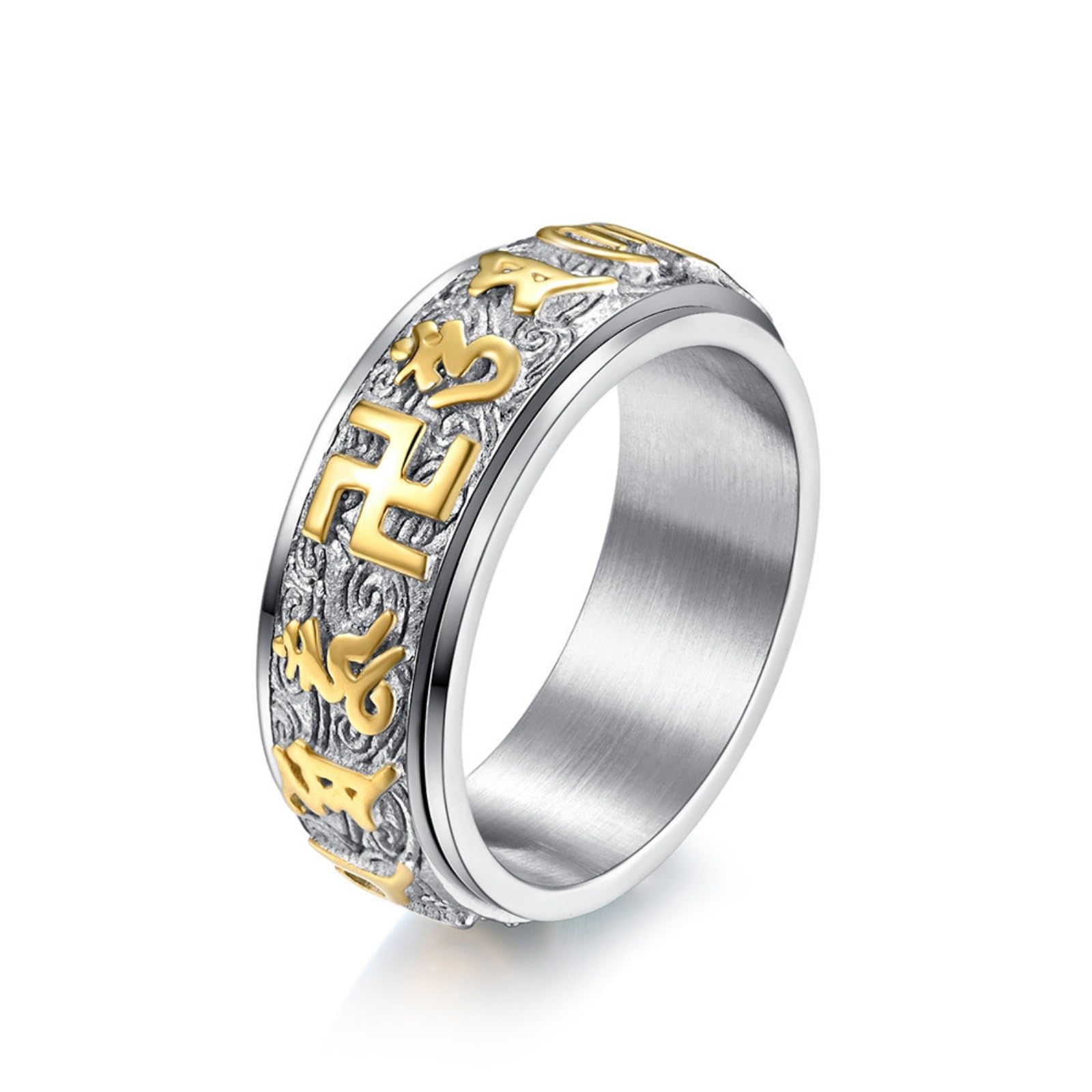 VHJdtE Rings, Swastika & Om Mani Padme Hum Mantra Titanium Steel Lightweight Rotating Prayer Wheel Jewellery for Men Women(O)