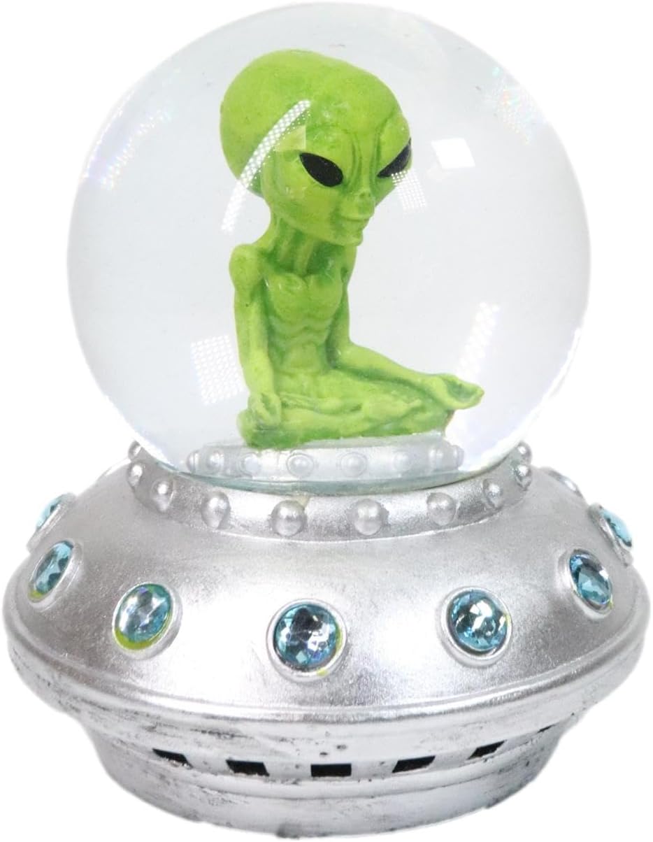Ebros Gift Area 51 Bizarre Green ET Roswell UFO Alien Sitting On Saucer Spaceship Water Globe 5.5" Tall Extra Terrestrial Halloween Decorative Figurine
