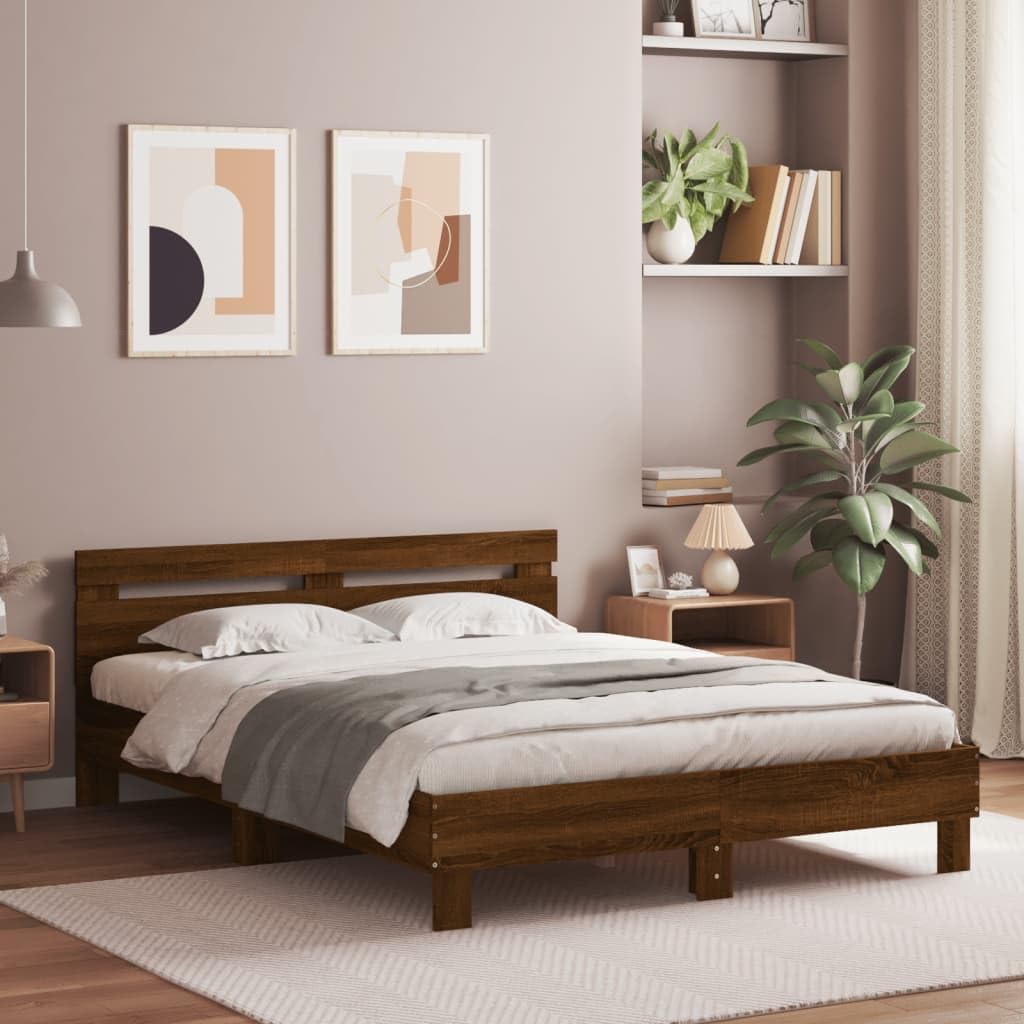 vidaXL Bed Frame with Headboard and LED, Bed Base for Bedroom Guest Room, Mattress Foundation for Double, Bedstead, Brown Oak 140x190 cm — image 1