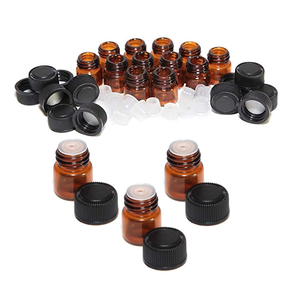 Mini Amber Essential Oil Bottles, 100 sztuk szklanych słoików z redukcjami orientacji i czapkami do mieszania olejów, perfum, chemikaliów laboratoryjnych (brązowy-1 ml)