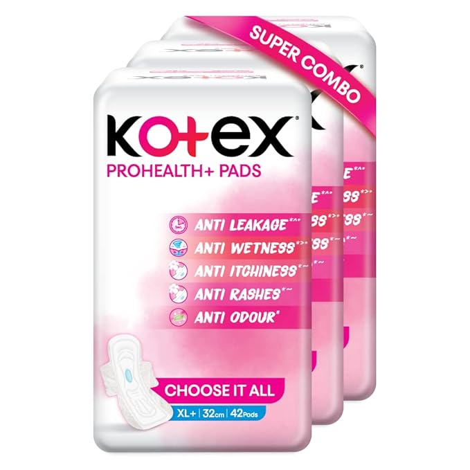 Kotex ProHealth+ Ultra thin Sanitary Pads for Women | XL+ size 126 napkins | Combo Pack (42s x 3) | Healthy Protection with No Leakage, No Wetness and Rash free pads at Rs. 441