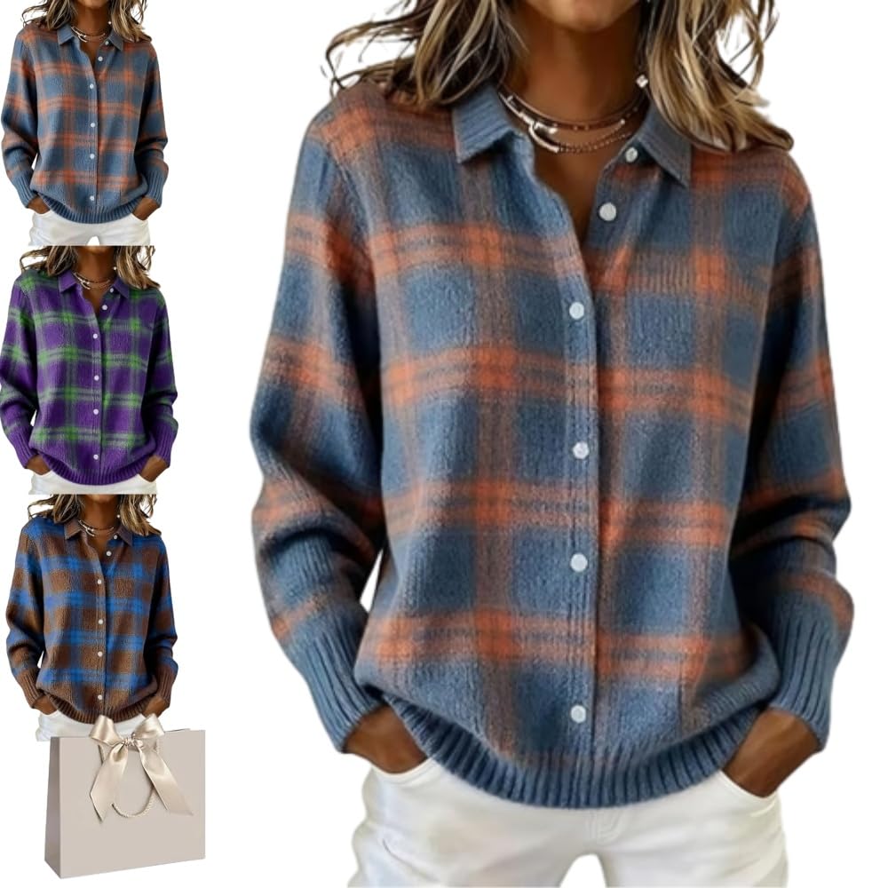 Consecutivte Womens Plaid Print Casual Cotton Buttoned Cardigan Sweater Consecutive Tops for Women Plaid Cardigans Blue 4X-Large