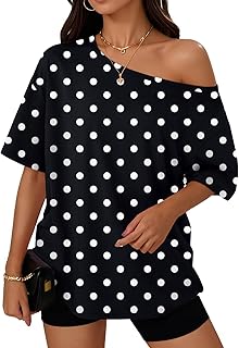 Trendy Queen Womens Off the Shoulder Tops Oversized Summer T-Shirts 2026 | Breathable comfort stretch fabric, short sleeve, basic oversized tees, casual workout gym, y2k going out clothes
