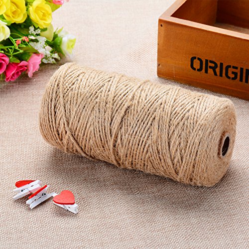 656Feet Natural Jute Twine and 24Pcs Mini Wooden Craft Pegs Pins, 3Ply Industrial Packing Materials for Gift,Decoration, Arts and Crafts Christmas Twine Durable String for Gardening Applications