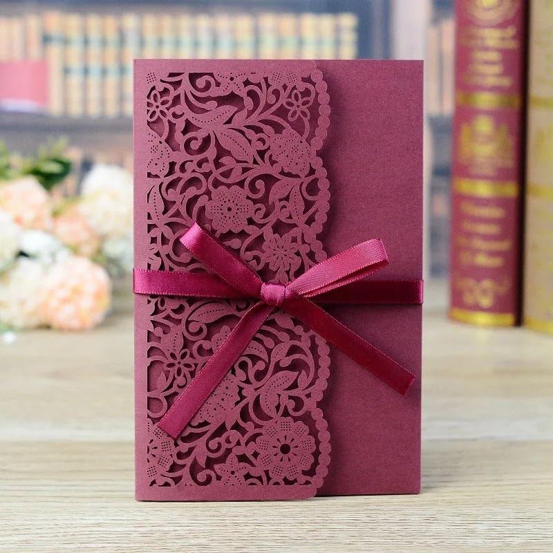 Inviti Matrimonio 50 pezzi di biglietti invito for matrimonio, auguri con fiori in pizzo a tre ante e nastri for feste(Gold Cover inner)