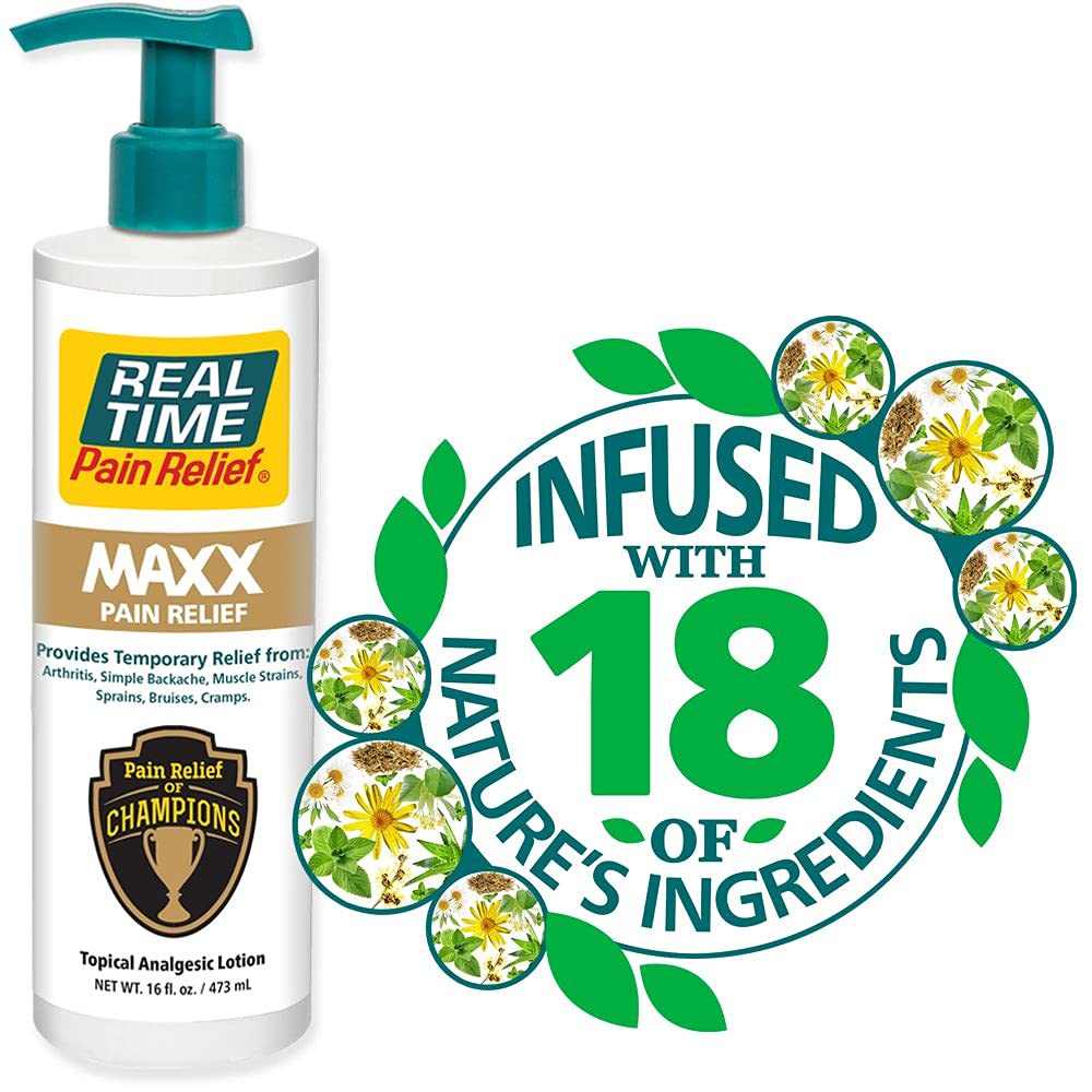 Real Time Pain Relief MAXX - 16oz Pump Bottle | 18 Natural Ingredients | Fast-Acting Relief for Muscle Pain, Arthritis, Backaches, and More | Includes Menthol, Arnica, Peppermint Oil