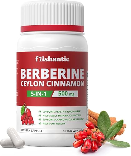 Suministro de berberina con canela de Ceilán, suplemento de berberina de 500 mg para apoyo al azúcar en la sangre, metabolismo*, sin gluten, sin OMG