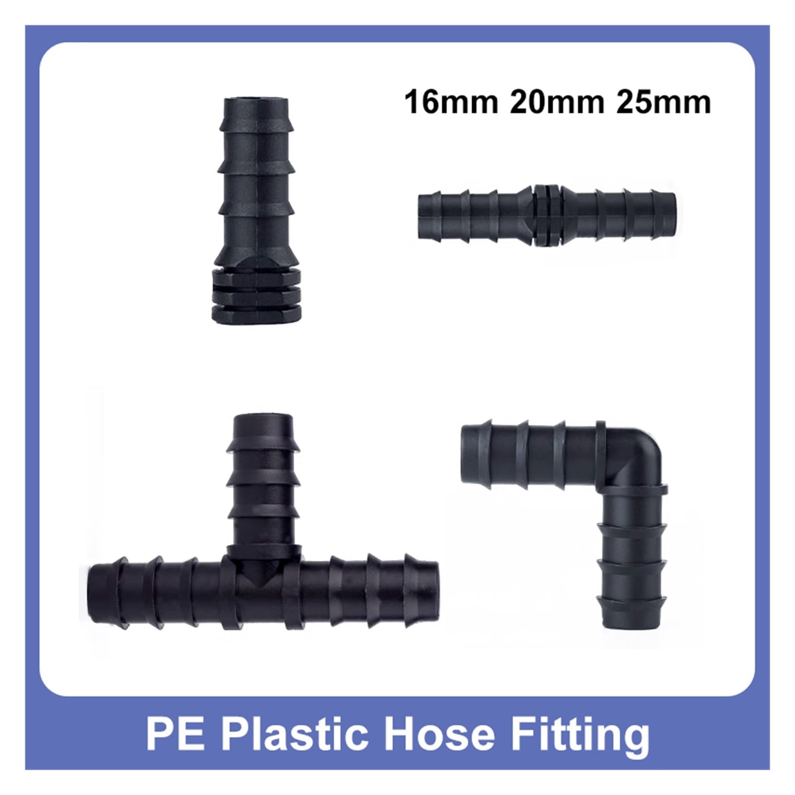 Junta de tubería de PE, conector de codo recto en T de 16mm, 20mm y 25mm, conector de manguera rociadora for riego de invernadero(Straight,25mm,50 pieces)