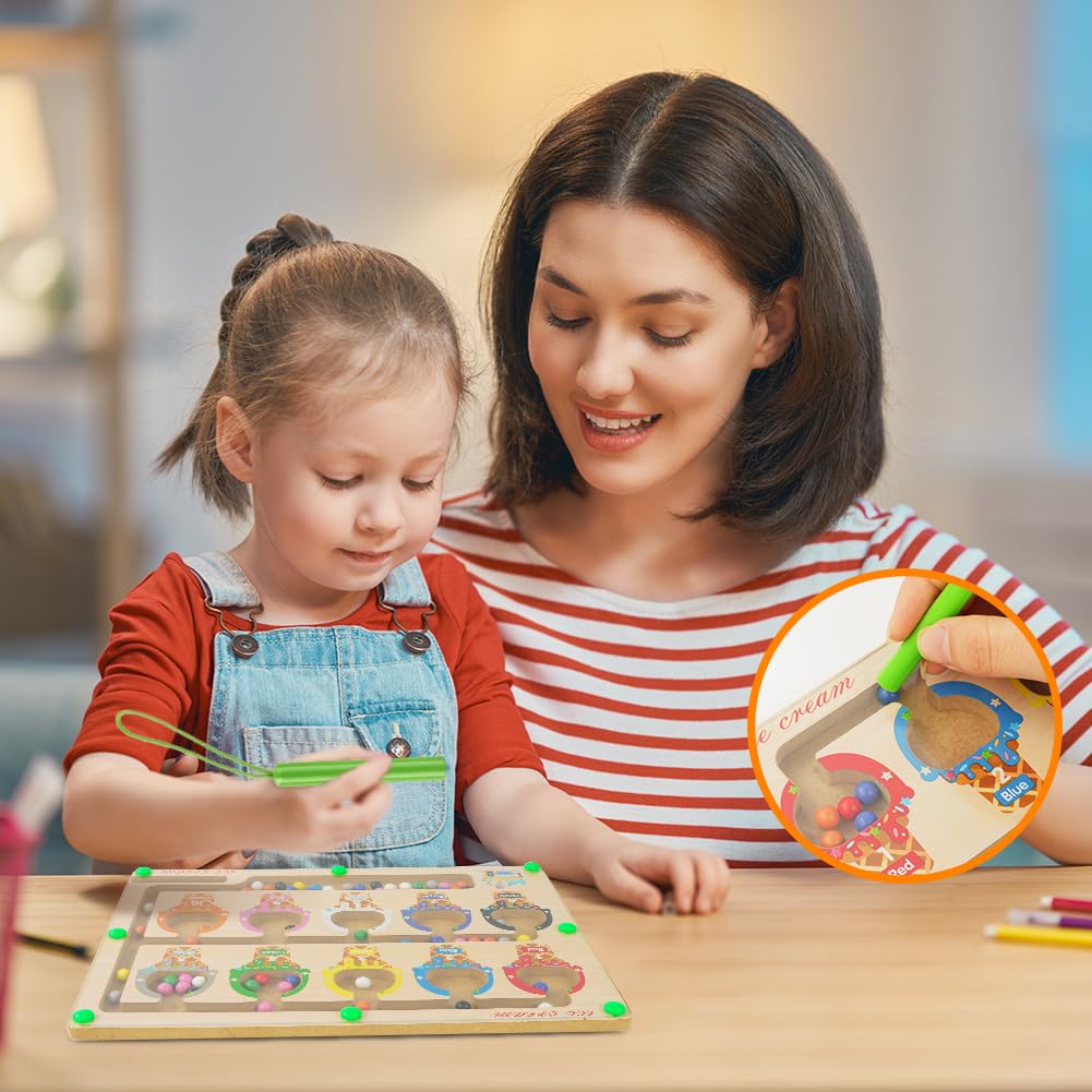Ainiv Magnetyczny Labirynt Z Kolorami I Liczbami Dla Dzieci, Magnetyczna Plansza Do Gry, Drewniane Zabawki Montessori, Zabawki Edukacyjne Dla Chłopców I Dziewczynek W Wieku 3, 4, 5, 6 I 7 Lat (Lody)
