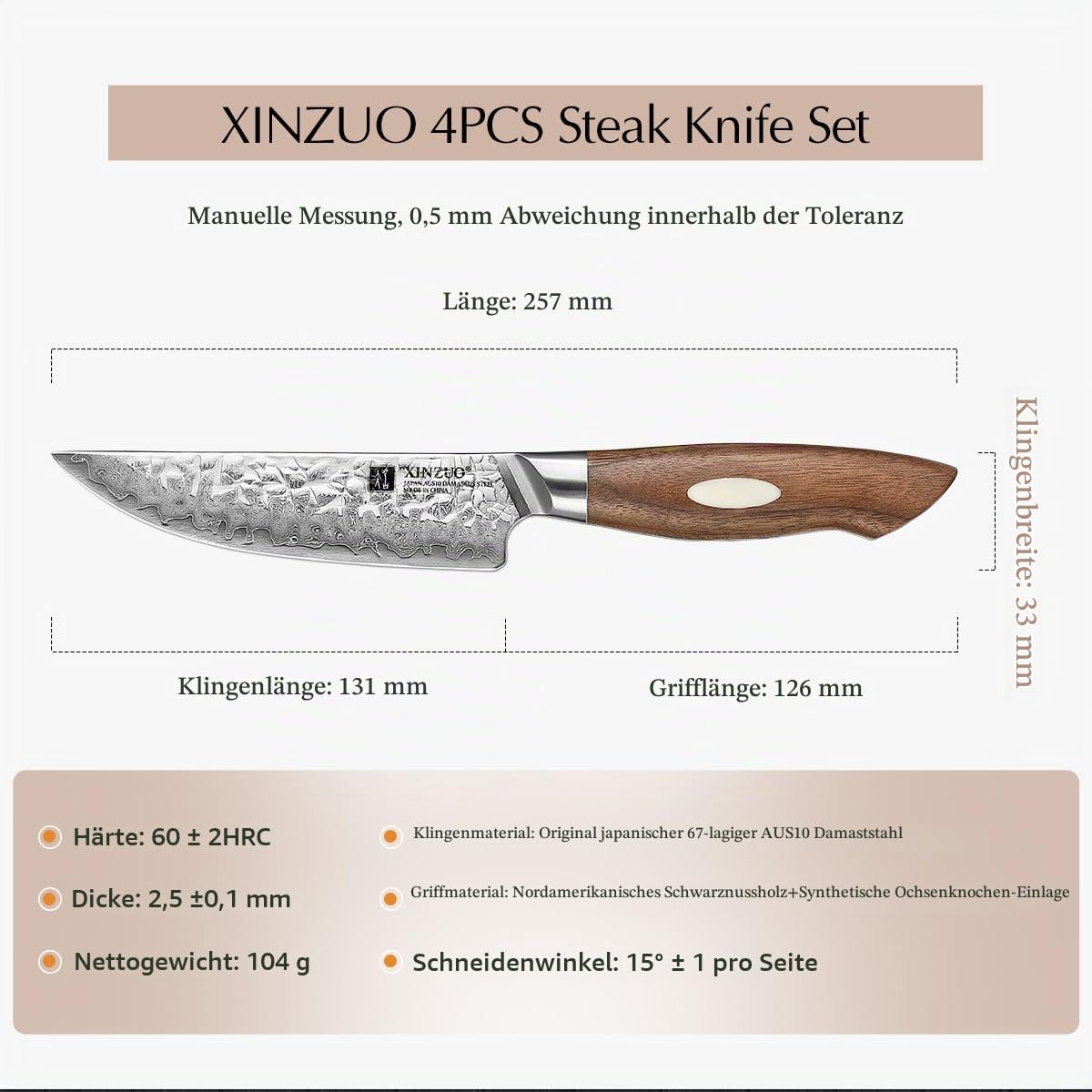 XINZUO 4-Teilig Steakmesser Set, 67 Schichten Damaststahl cm Besteckmesser, Japanischer AUS-10 Stahl Hochwertige Tafelmesser Küchenmesser -Schwarz Walnuss Holzgriff -mit Schöner Geschenkbox