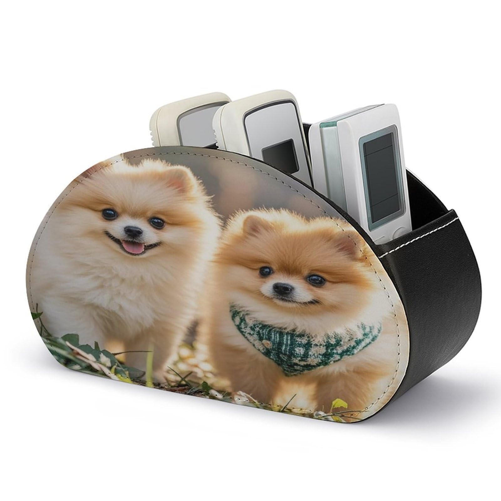 FekiLoot Leather TV Remote Control Holder with 5 Compartments Multifunctional TV Remote Holder Bedside Table Remote Caddy Storage Box Pomeranians Puppies Remote Organizer for Home Office
