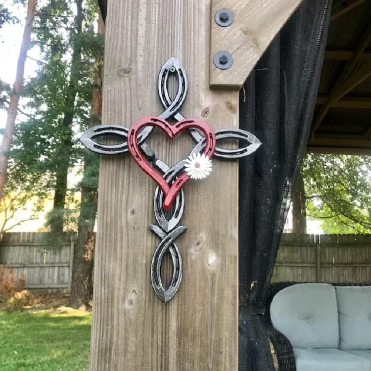 Miniatura 4 de Decoración de cruz de pared, cruz de metal con forma de herradura, decoración del hogar para patio al aire libre, escultura de cruz de arte de