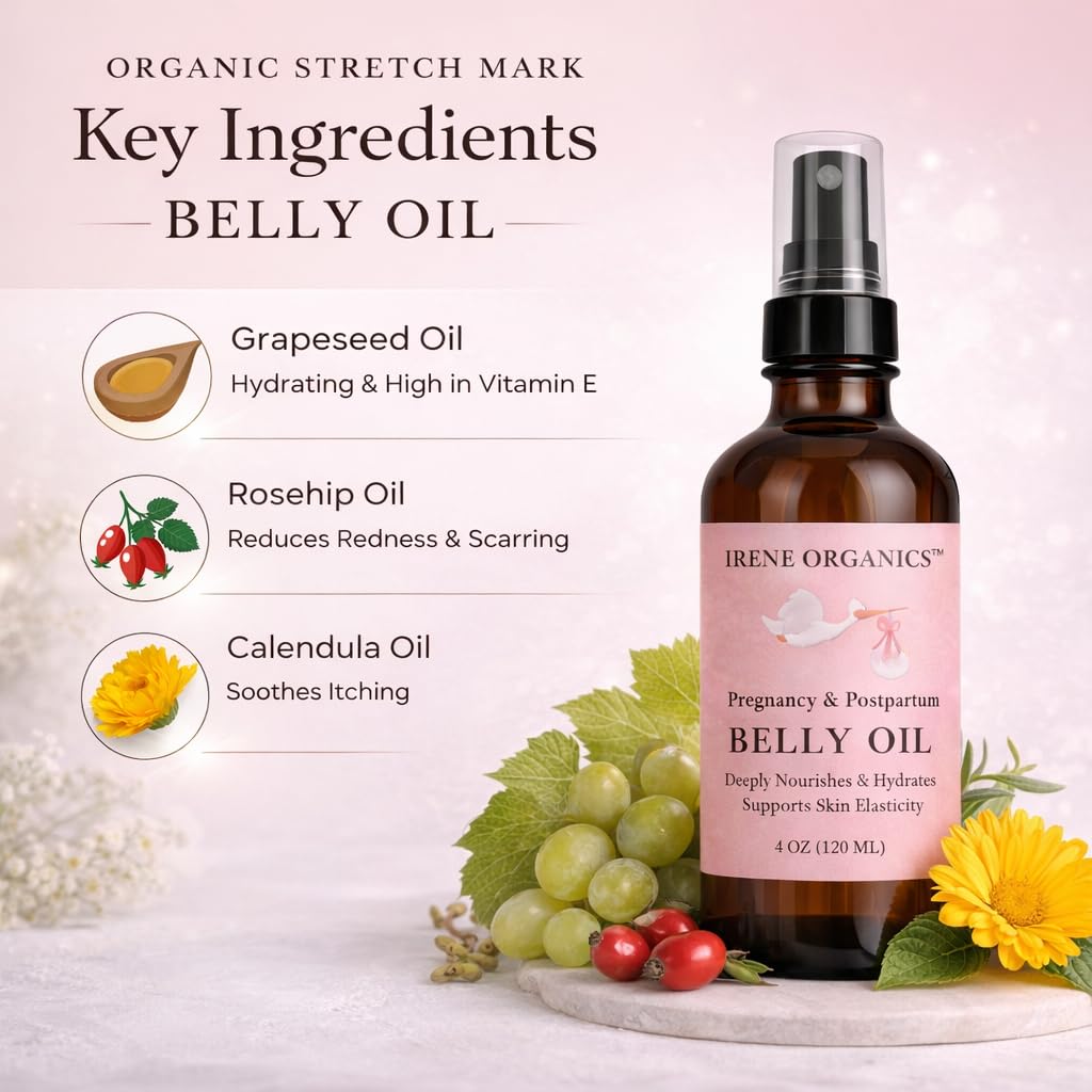Irene Organics Organic Belly Oil for Pregnancy & Postpartum – Lightweight, Non-Greasy Stretch Mark Support Oil – Hydrating Vitamin E Bump Serum, Unscented & Pregnancy Safe - Image 5