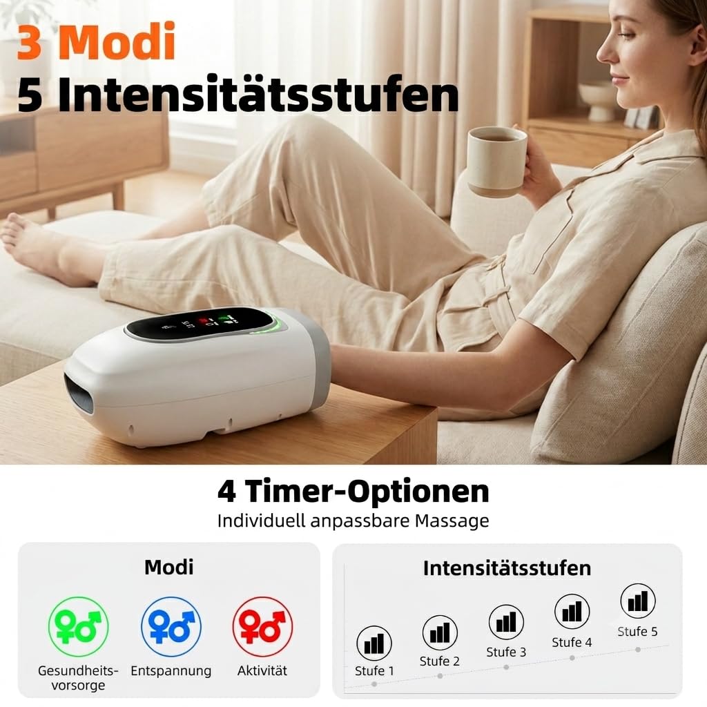 Handmassagegerät mit Wärme und Kompression, Elektrisches Handmassagegerät mit 3-Zonen-Drucksystem & 360° Wärme, NTC Temperaturregelung, Hand Massager für Zuhause, Geschenk für Frauen und Männer