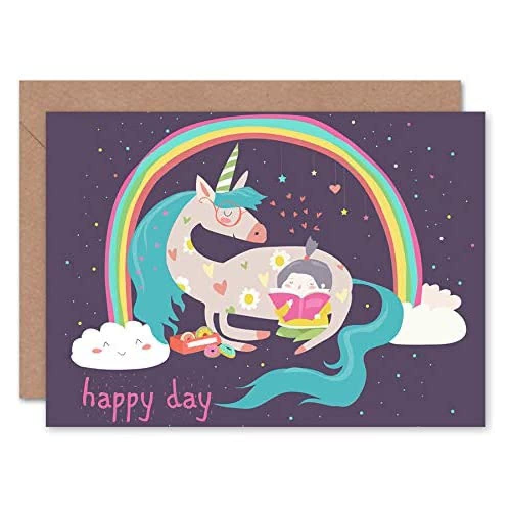 Wee Blue Coo Unicorn Rainbow Reading Child Greeting Card With Envelope Inside Premium Quality