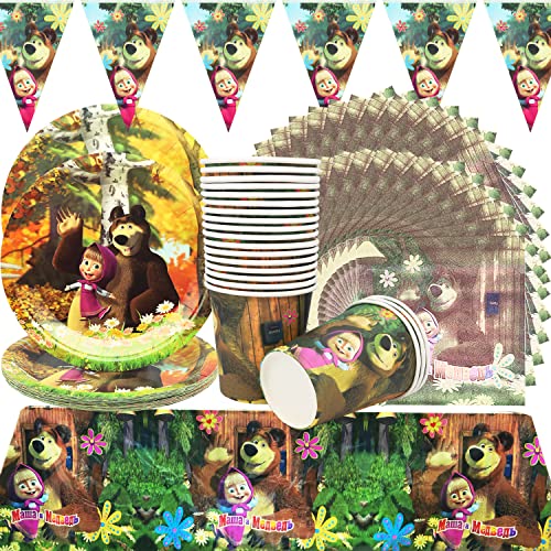 SHAMO Juego de Vajilla de 62 Pzs Con Animales para Fiesta de Cumpleaños para 20 Personas, Diseño de Masha y el Oso, Platos de Cartón, Tazas, Mantel, Servilletas, Pancarta, para Niños Cover