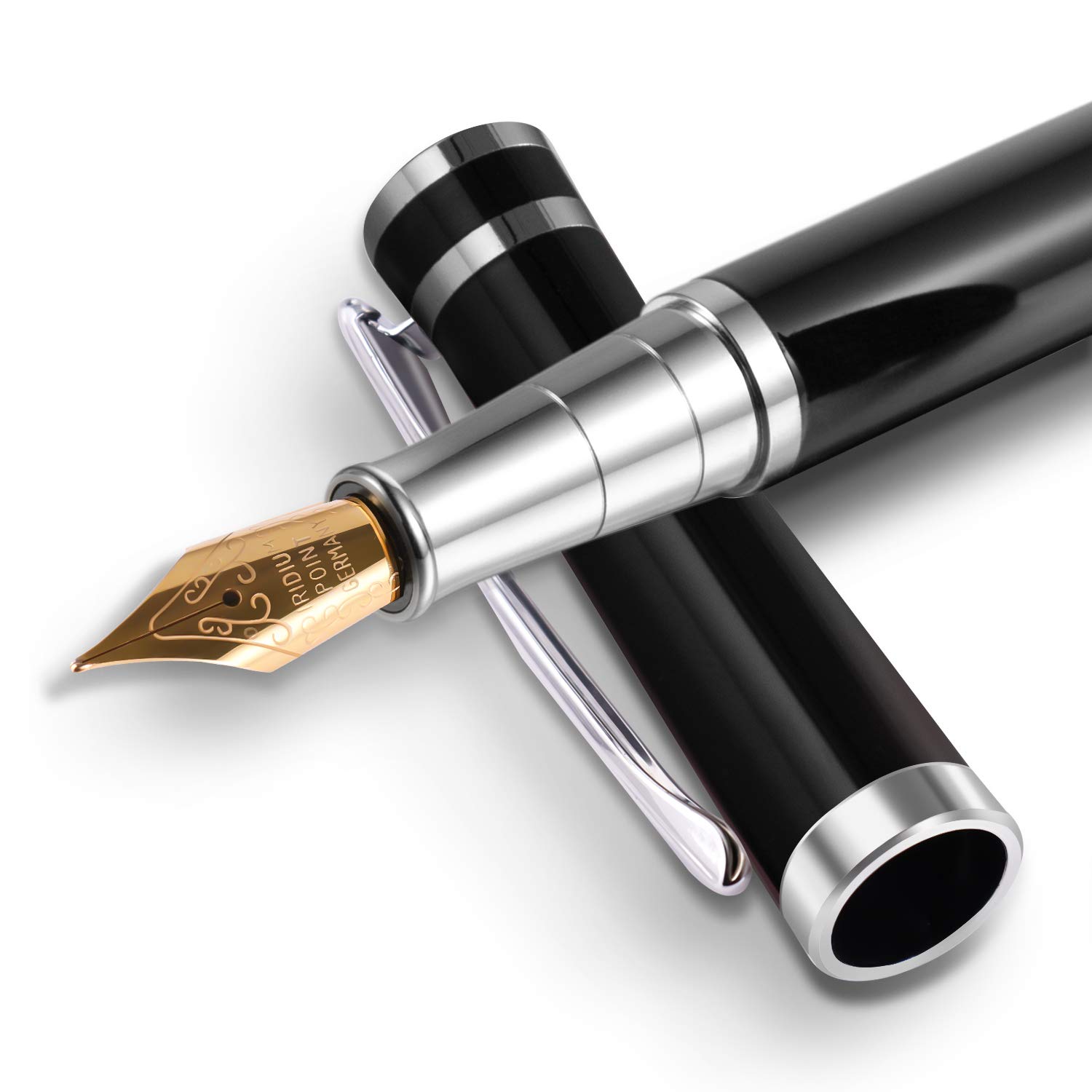 BEILUNER Ensemble de stylo-plume de luxe – Corps en acier inoxydable – Pointe moyenne en iridium Allemagne – Comprend 6 cartouches d'encre et convertisseur de recharge d'encre – Étui cadeau – Parfait