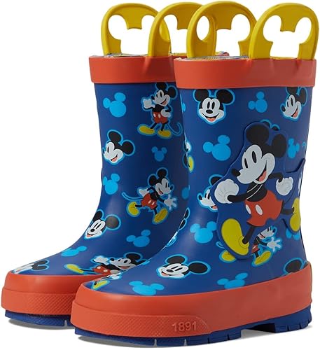 Western Chief Botas de lluvia Mickey Musketeer para niños pequeños y niños pequeños, suela hecha a mano con tracción, estilo de meter y punta redonda
