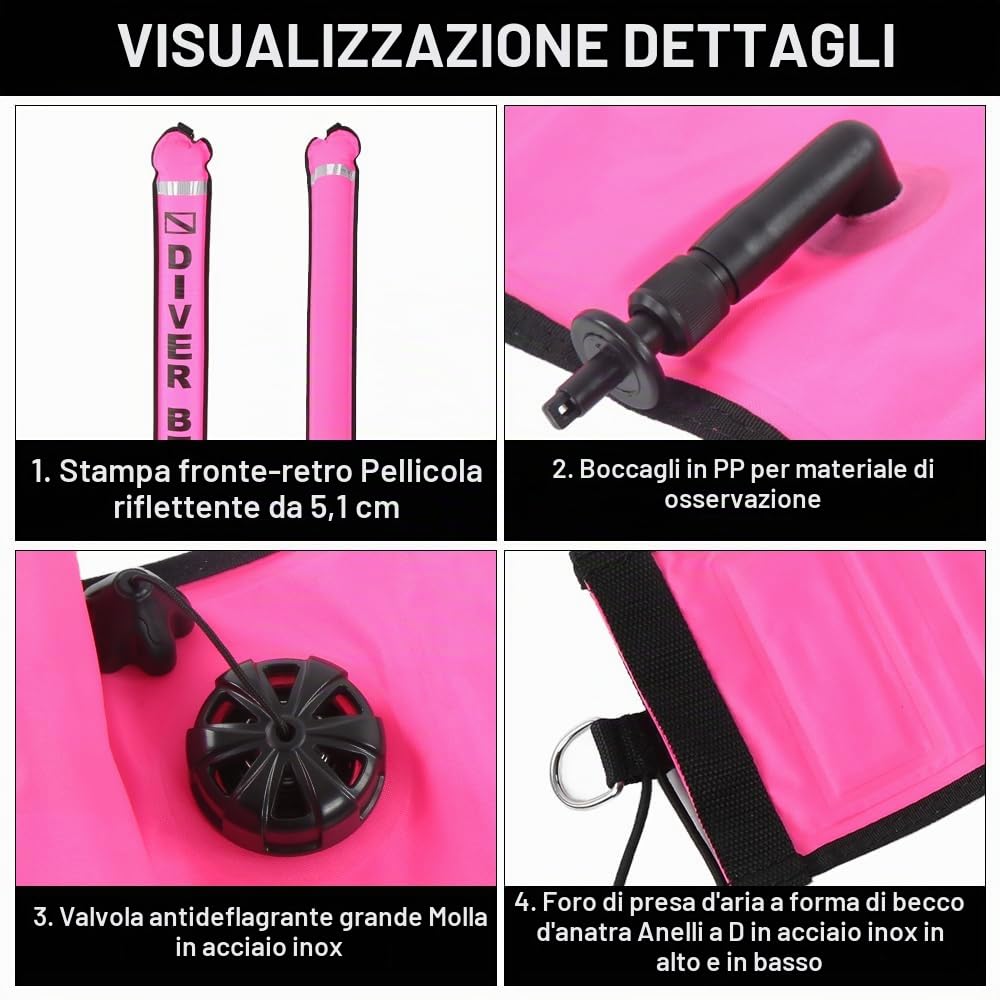 DEWIN Boa Sub, 120x15 cm Boa Apnea Gonfiabile per Snorkeling, Pedagno Sub per Immersione con Valvola per la Segnalazione della Superficie di Immersione Accessori per la Sicurezza