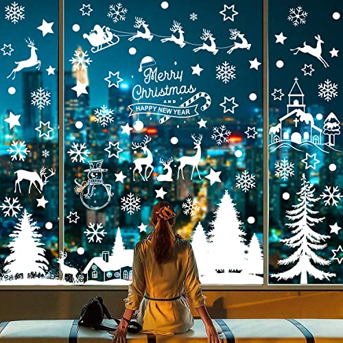 9 Feuilles Décoration Noël Sticker Fenetre Blanc Sapin Noël Renne PVC Flocon de Neige Sticker Autocollants NoëL Décorations Noël Fenetre Stickers Deco pour Porte Vitrine Verre Déco Noël